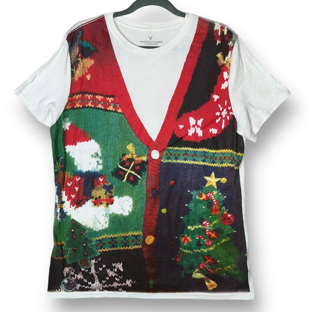AMERICAN EAGLE Mens Ugly Christmas Sweater Vest Graphic Print Tee T-Shirt L